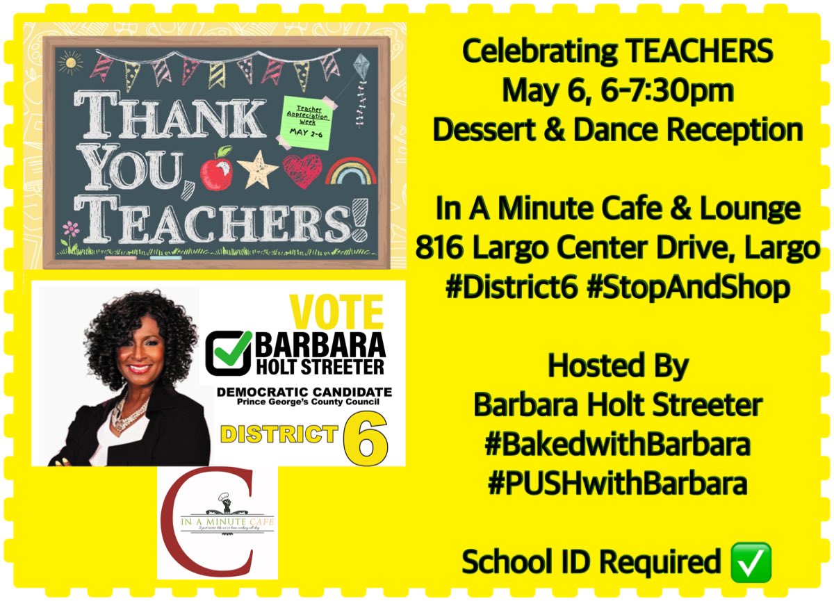 MrsPRProtocol's tweet photo. Let’s end #TeacherAppreciationWeek with sugar and spice!

TOMORROW, 6-7:30pm, join me as I celebrate #TEACHers with #Desserts and #Dance 
 #TagATeacher

Where: 
In A Minute Cafe &amp; Lounge, Largo
#StopAndShop #SupportSmallBusinesses 

#PUSHwithBarbara #UnityInEducation #District6 https://t.co/KALnZFoHda