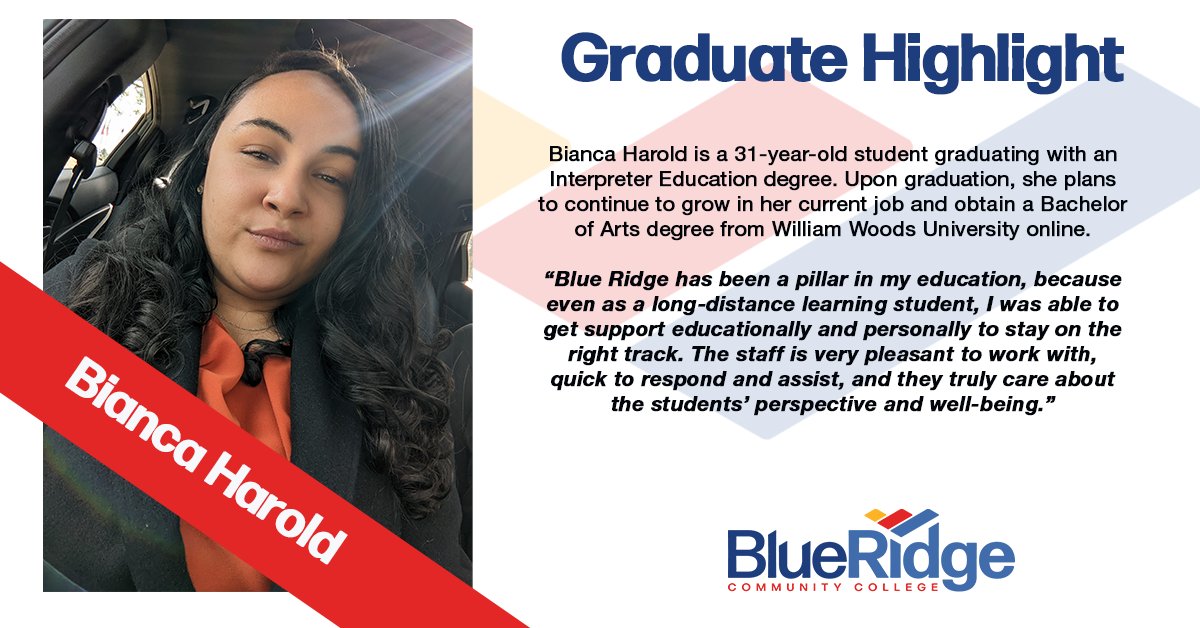 BlueRidgeCC's tweet photo. Meet Bianca Harold, one of our graduating students here at Blue Ridge Community College. Check out her awesome bio here!
We are so thrilled for our graduates and wish them the very best in their endeavors. Join us in congratulating them.
#BlueRidgeGrad #GraduateHighlight https://t.co/UvwFp9zVhD