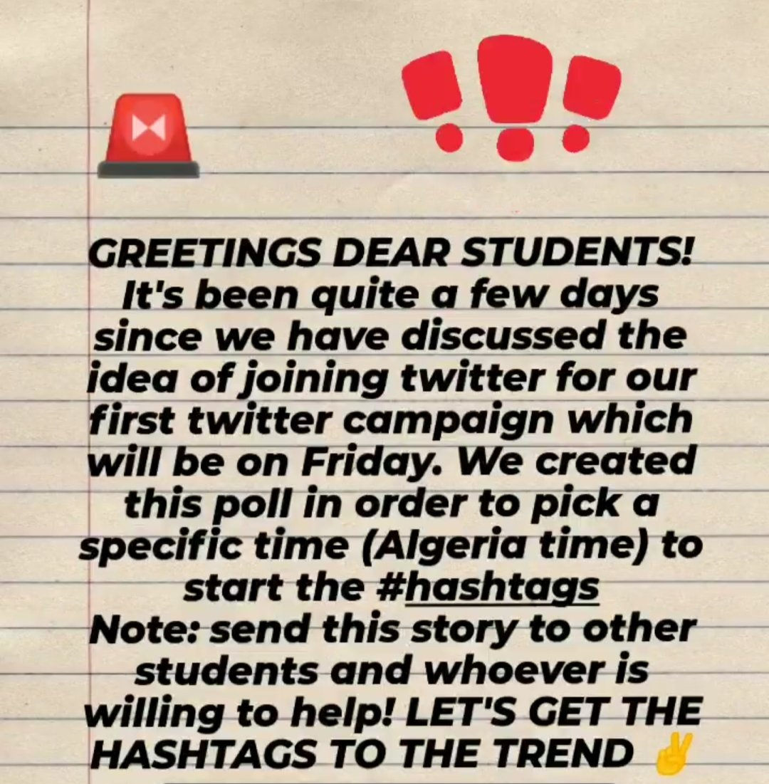 Algerianstuden3's tweet photo. Hii guysss!!! 🚨🚨We need to pick a specific time to start our hashtags!! 🚨🚨
Join our Instagram: https://t.co/4tuNKLUOGv
#TakeUsBackToChina #TakeAlgStudentsBackToChina #takeDzStudentsBackToChina #étudiants_boursiers_en_Chine_bloqués_en_Algérie https://t.co/OrcwfbVIfw