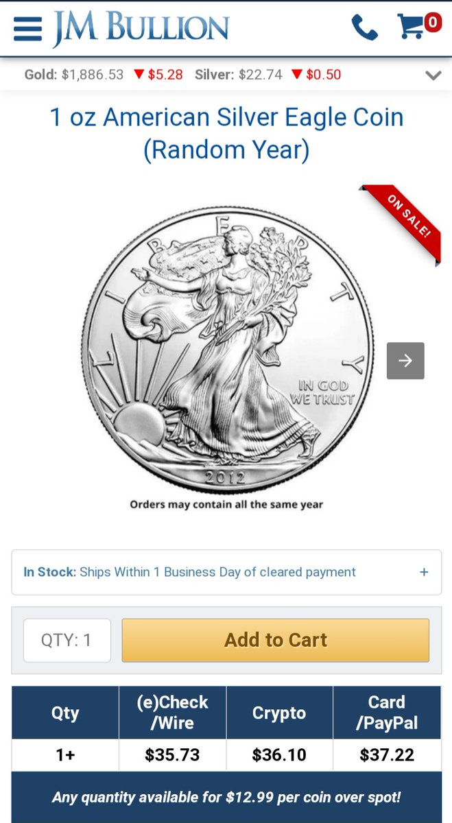 AllAmericanStkr's tweet photo. $14.65 over spot if you pay credit card plus s&h. $22.75 over spot with s&h for a total of $45.42 for a coin if you don't buy over $100 #bullshit #silverpremium #silverspotprice #silvereagle #manipulation #fuckthis #silverthisπ https://t.co/1M2Z4A6Q1M