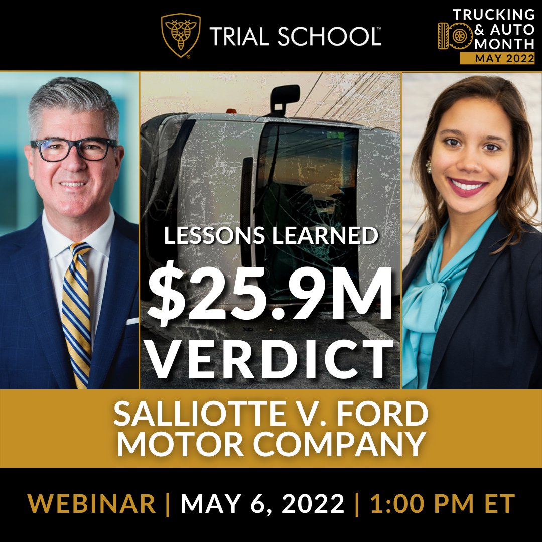 trial_school's tweet photo. TOMORROW: Join Courtney Leigh Winston as she interviews Rich Newsome about his incredible Salliotte v. Ford Motor Company, et al. verdict. In this webinar, Rich walks us through why Trial School is so beneficial to our community. https://t.co/QYqVmieFBF https://t.co/MRo9vwWgbt