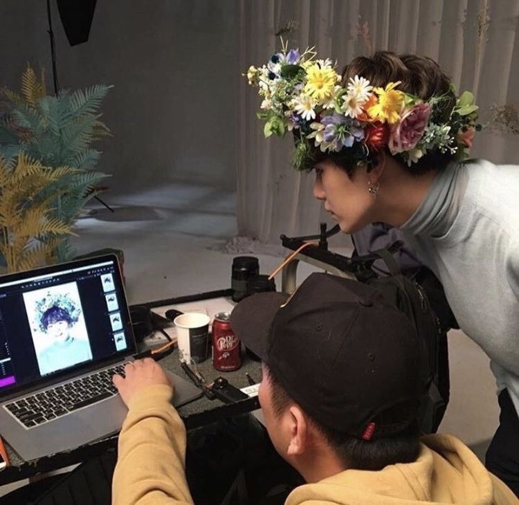 Yoongi wearing a flower crown HE IS BEAUTIFUL
