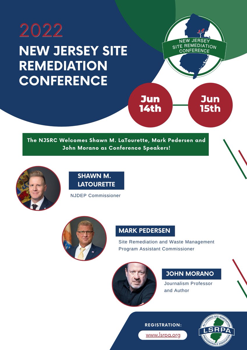 NJLSRPA's tweet photo. Register now for the LSRPAs NJ Site Remediation Conference #NJSRC (June 14th &amp; 15th)! NJDEP Commissioner Shawn M. LaTourette, Mark Pedersen and John Morano are our special conference speakers! Sign up now so you don't miss out!
https://t.co/tzvYbeOzCm

#environmental @shawnlatur https://t.co/gLckarJ3dM