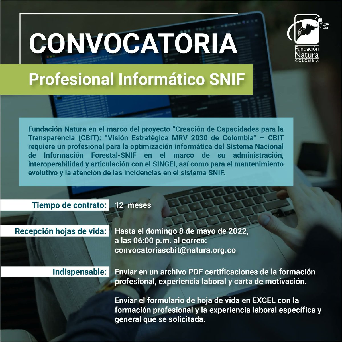 fundacionnatura's tweet photo. Fundación Natura y el #ProyectoCBIT: “Visión Estratégica MRV 2030 de Colombia”, requieren profesional para optimización informática del SNIF, en el marco de su administración, interoperabilidad y articulación con el SINGEI.
👉Términos en: https://t.co/xkRnx7yhJC
#TrabajoSiHay https://t.co/kuevQHMHU2