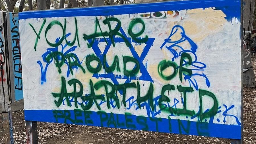 StopAntisemites's tweet photo. Last night convicted felon and antisemite Taher Herzallah spoke on the UCSD campus.

We begged Chancellor Pradeep Khosla to follow in Northeastern's footsteps and NOT allow this vile bigot on campus. He didn't listen.

Today Jewish students woke up to this antisemitic vandalism. https://t.co/MXf5lMKMOy
