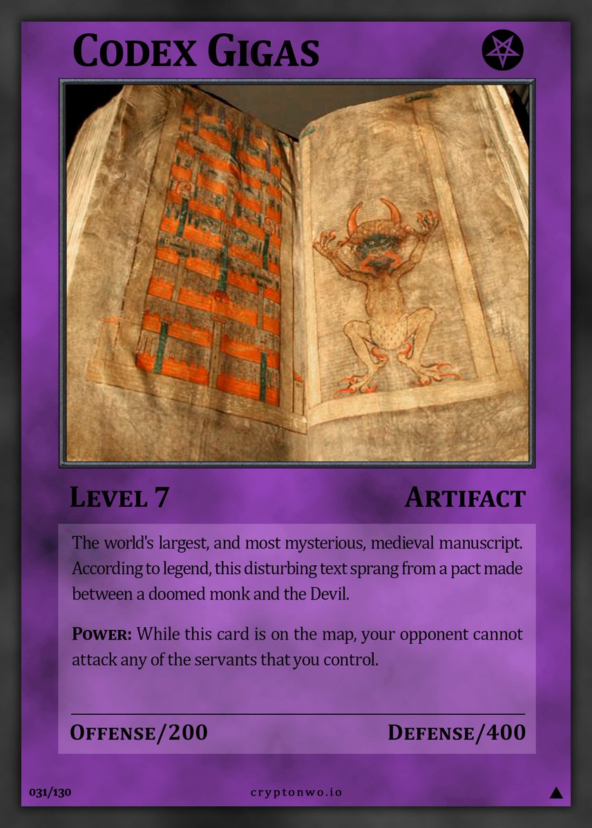 nwotcg's tweet photo. New rare CryptoNWO card minted: https://t.co/BSRoD3ASTw

The world's largest preserved manuscript from the Middle Ages. It was created in the thirteenth century, and experts believe all of its 600+ pages were written and illuminated by the hand of one unnamed Benedictine monk. https://t.co/2FnrSPqfw6
