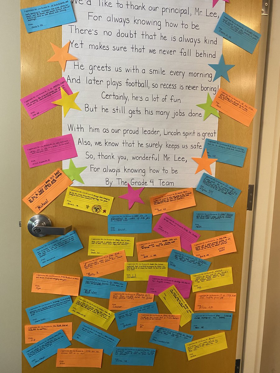 4MrsRussell's tweet photo. Fourth graders were so fortunate to have Mr. Lee read to them outside today. We surprised him with a poem and some notes of kindness on his office door! https://t.co/nZJ470lHYR