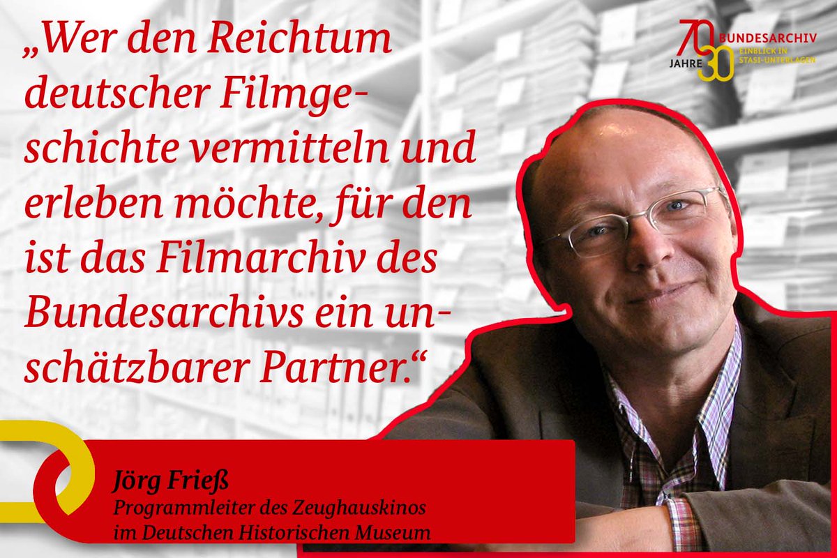 BundesarchivD's tweet photo. Heute bei #70dreißig: Bei der Vermittlung deutscher Filmgeschichte ist das Filmarchiv  im #dasBundesarchiv für Jörg Frieß, Programmleiter im @zeughauskino im @DHMBerlin, ein verlässlicher Partner. #filmerbe https://t.co/eHL5qtBJvt