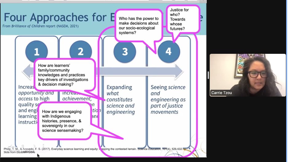 Amazing #BrillianceAndStrengths webinar on the report’s equity thread. @tzouct raised Qs educators could ask themselves about expanding what counts as sci&eng and seeing sci&eng as part of justice movements. @SciEdHenry reminded us that this work is *ongoing & never done*. 1/3
