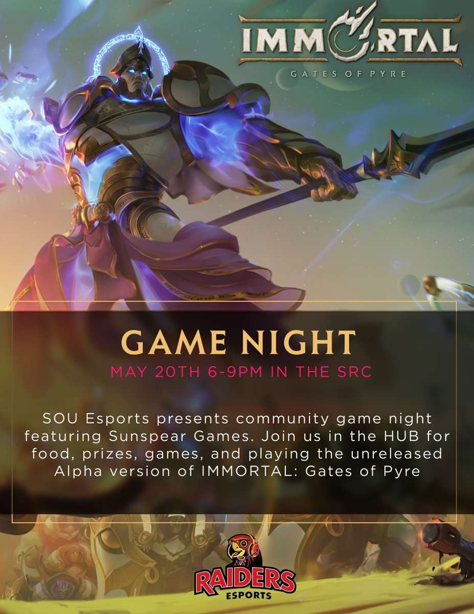 Attention <a href="/SOUAshland/">Southern Oregon Univ</a> students!!!

On MAY 20TH we will be hosting our first COMMUNITY GAME NIGHT in partnership with our local game developer friends at <a href="/SunSpearGames/">SunSpear Games</a>!

Come by, meet the devs, eat some food, and play their unreleased game <a href="/GatesofPyre/">IMMORTAL: Gates of Pyre</a>