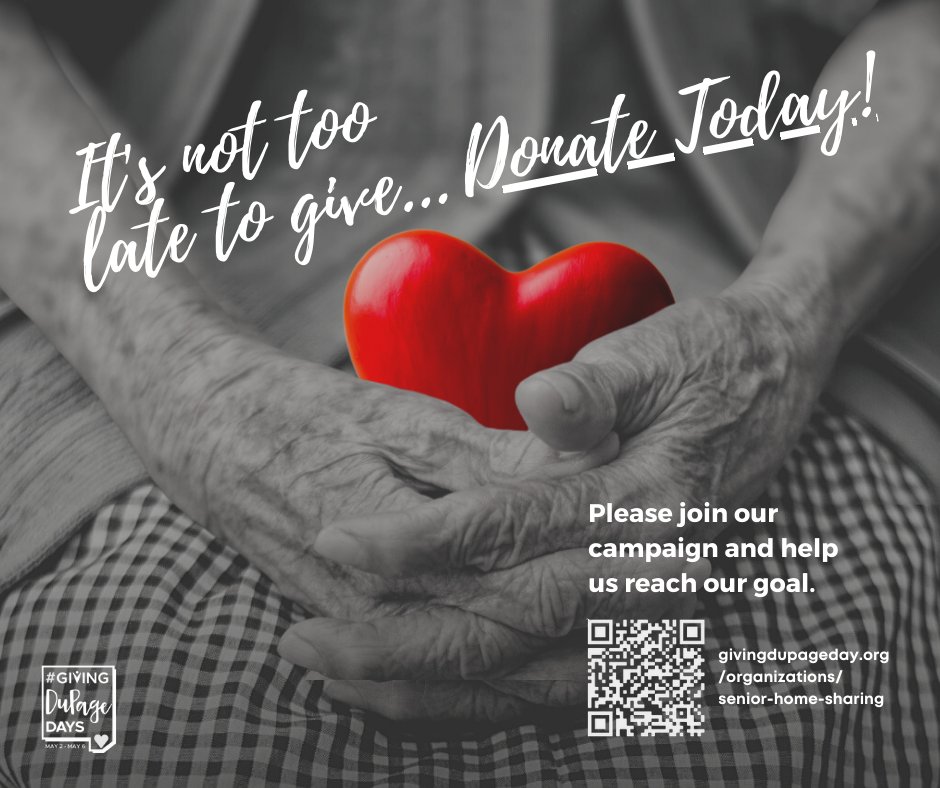 senhomesharing's tweet photo. Giving DuPage Days is coming to an end, but there is still time to help.Visit our fundraising page https://t.co/gLbDqaaYcx and make a contribution to help us make an impact to give aging adults affordable housing before time runs out. Thank you in advance for your donation! https://t.co/eXwSUKRkIK