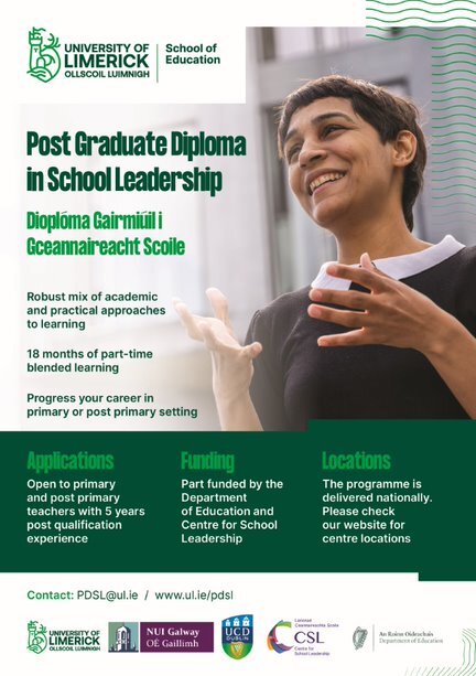 athloneec's tweet photo. The Postgraduate Diploma in School Leadership (PDSL) is designed to prepare aspiring leaders with the knowledge, skills and confidence for senior school leadership positions. @Leaders_SoE are now accepting applications for primary and post-primary teachers https://t.co/IcdPuZqEFG https://t.co/CQKWS5r5ho