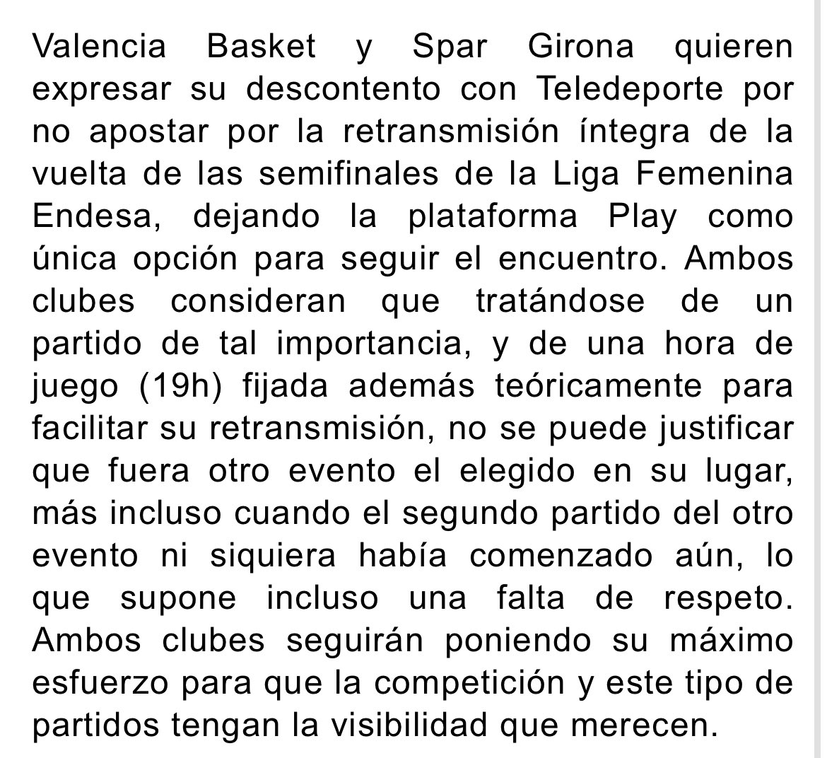Lo de <a href="/teledeporte/">Teledeporte</a> ha sido una VERGÜENZA un día más.

El comunicado conjunto de Valencia Basket y Uni Girona: