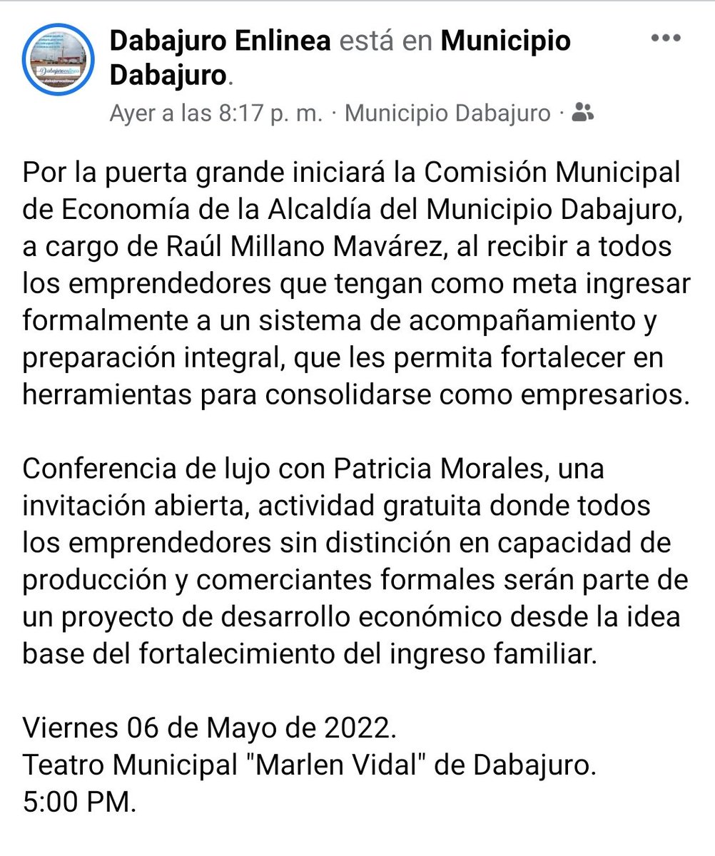 periodistadiaz1's tweet photo. Detalles sobre la conferencia "Emprender para ser empresarios de impacto" en las imágenes adjuntas. Desde Dabajuro, iniciando formalmente la Comisión de Economía del municipio. Viernes 06 de Mayo de 2022, 05:00 pm, Teatro Marlen Vidal. https://t.co/DL96dExFIP