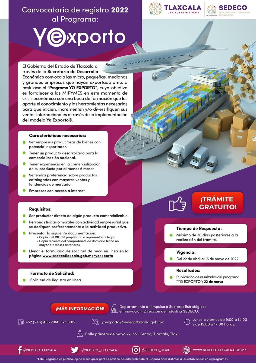 SEDECO_TLAXCALA's tweet photo. La @SEDECO_TLAXCALA invita a las MIPyMES y grandes empresas que exporten o no, a que se postulen para obtener una beca de capacitación y poder llevar sus productos o servicios a mercados internacionales.
Solicita la beca aquí :
https://t.co/8iFlZGVcZC
#Tlaxcala
#Yoexporto https://t.co/wJ1kV05ifL