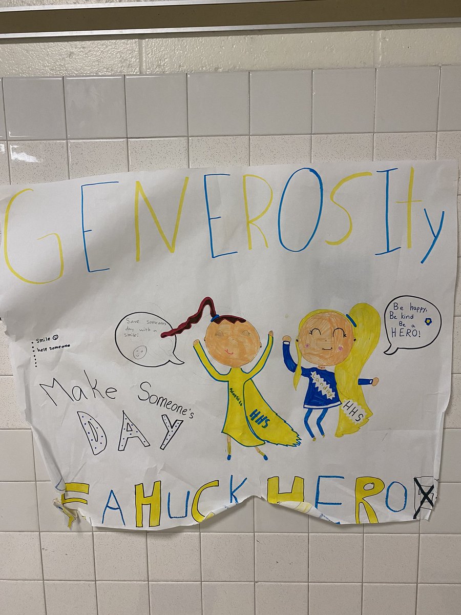 msbrennet's tweet photo. Loved celebrating our Generosity  theme during the months of March and April here at HHS! It was wonderful hearing about how our Huckleberry Heroes show Generosity and seeing the artwork in the halls!Looking forward to our final theme of the school year 😀 https://t.co/RclzA6qxRq