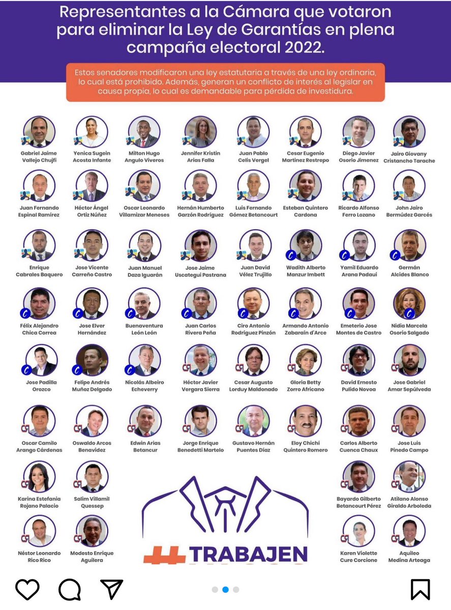 CathyJuvinao's tweet photo. Estos congresistas, en una conducta abiertamente dolosa y más que advertida, votaron la modificación ilegal de la Ley de Garantías. Semejante sinvergüencería debería obligar a la @PGN_COL a abrir investigación sobre la posible comisión de faltas disciplinarias. 

¡Descarados! https://t.co/Dneq6mj7bl