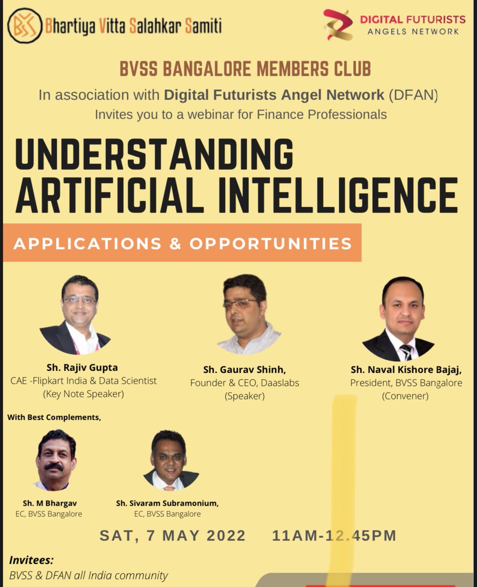 bvssofficial's tweet photo. Do attend this webinar tomorrow on ‘Understanding Artificial Intelligence- applications and opportunities’ organised by Bangalore Chapter. No Fees but limited slots. Link: https://t.co/PWS8518YY9 #bvss #ArtificialIntelligence #fintech @navalkbajaj https://t.co/CoGGyEo8CN