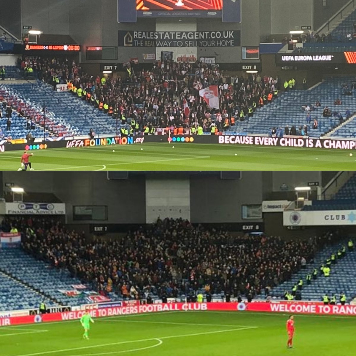 fearlessidzine's tweet photo. Top: RB Leipzig fans @ Ibrox tonight in Europa League semi final 2nd leg

Bottom: #WxmAFC fans @ Ibrox, Tunnocks Caramel Wafer Challenge Cup quarter finals, Nov '19

Levels. https://t.co/LzK8V1r1e1