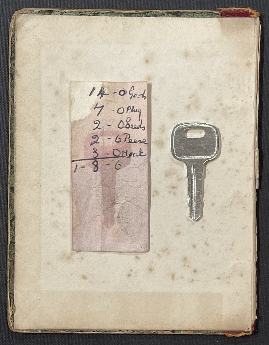 lumilyon's tweet photo. Grave Goods (2022) windfall petal emulsion #Anthotype of unidentified key printed on faded till receipt or bus ticket with handwritten spending list. Items salvaged from my Aunt’s home during house clearance in 2017. #alternativeprocesses #griefwork #cameraless #biocolour https://t.co/jEZVIBcOXY