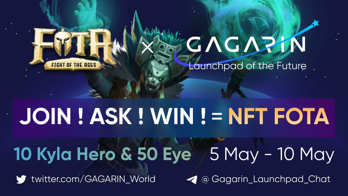 GAGARIN_World's tweet photo. 🔥 AMA (10 May, at 4 pm UTC ) and registration in #whitelist on @GAGARIN_World for IDO of 
@fightoftheages 

🎁 Draw 50 #NFT prizes from #FOTA: 10 Kyla Hero and 50 eyes

👇 RULES 
1/ Ask question in comment
2/ Tag 2 friends
3/ Retweet
4/ Perform tasks: https://t.co/4ZYwk7S17d https://t.co/r84eaDlIhX