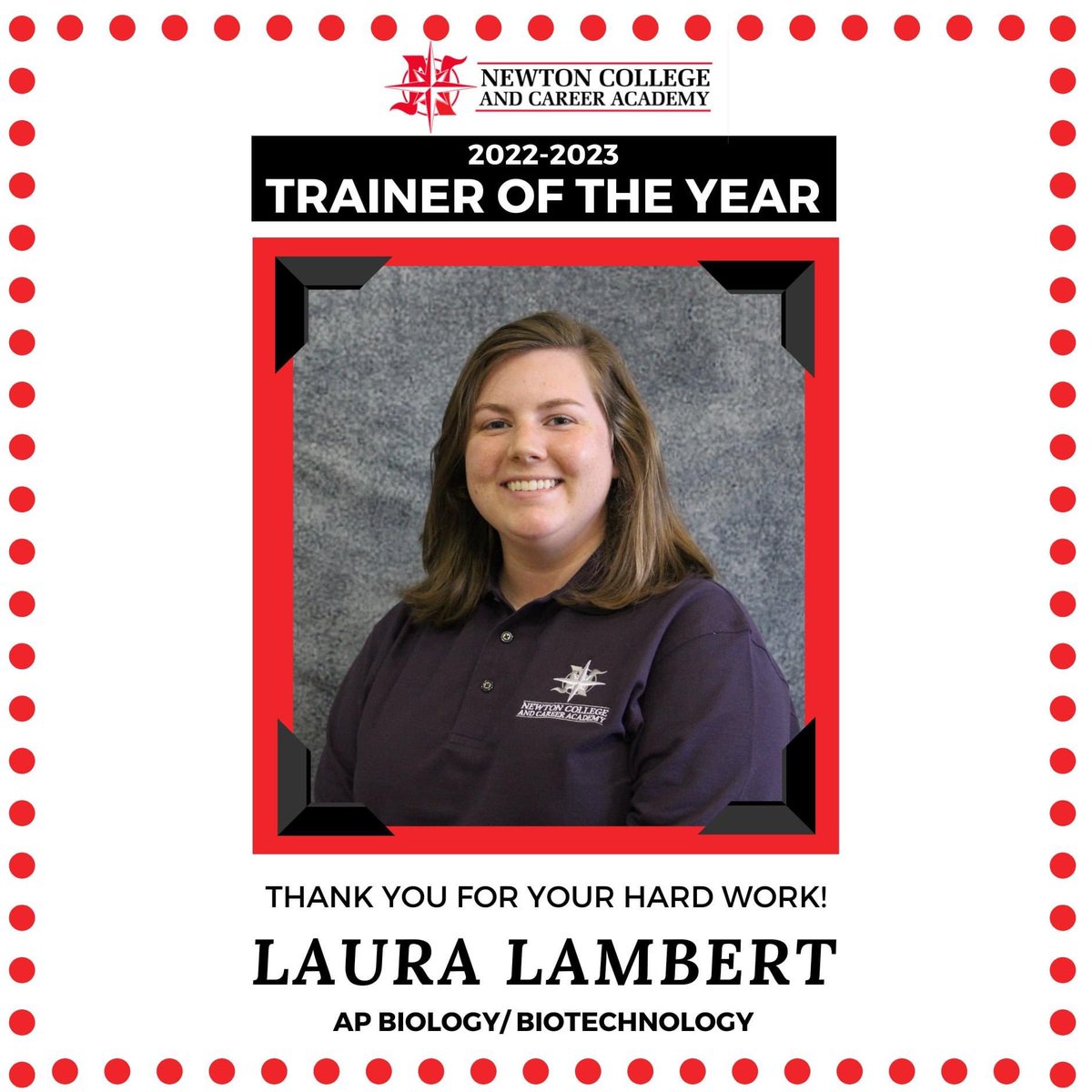 NCCA_Covington's tweet image. Congratulations to our 2022-23 Trainer of the Year, Laura Lambert!  We appreciate what you have brought to NCCA, STEM Institute, HOSA, and the Biotech program!  #myncca #ncssbethebest