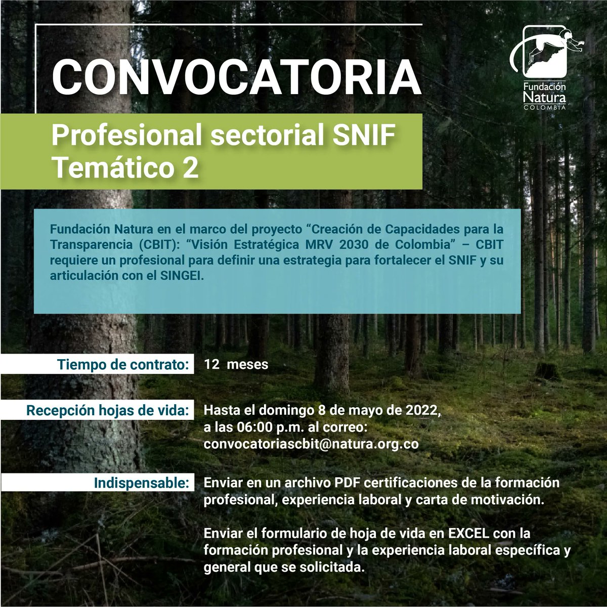 fundacionnatura's tweet photo. Fundación Natura y #ProyectoCBIT, requieren profesional en Ing. Ambiental, Adm. Ambiental, Ecología, Biología o Ing. Forestal, para definir estrategia de fortalecimiento del SNIF y su articulación con el SINGEI.
👉Términos de referencia en: https://t.co/NnRvhRNapp
#TrabajoSiHay https://t.co/ajNHh3BnE1