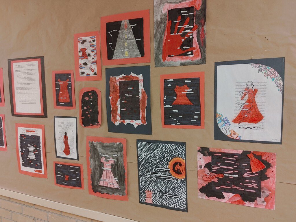 NPWschool's tweet photo. Today, to mark Red Dress Day and to honour, remember and raise awareness about Missing &amp; Murdered Indigenous Women and Girls, Creative Action students created black-out poetry pieces.

#MMIWG
#NoMoreStolenSisters https://t.co/uEyqIBPB80