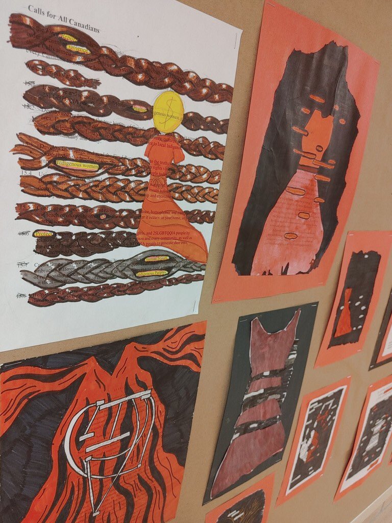 NPWschool's tweet photo. Today, to mark Red Dress Day and to honour, remember and raise awareness about Missing &amp; Murdered Indigenous Women and Girls, Creative Action students created black-out poetry pieces.

#MMIWG
#NoMoreStolenSisters https://t.co/uEyqIBPB80