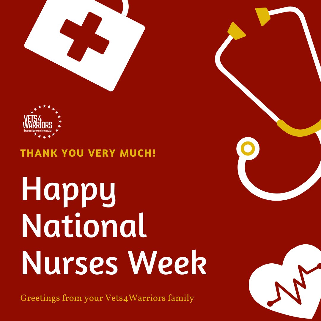 Vets4Warriors's tweet photo. Happy National Nurses Week! We thank health care professionals for the wonderful work you do each and every day!

Contact us 24/7 at 855-838-8255 | https://t.co/w8KDV4KEPo

#V4W #V4W10 #vets4warriors #veterans #discoverthepowerofconnection #thankyou #ambassadors #followers https://t.co/LYU3vRsGZK