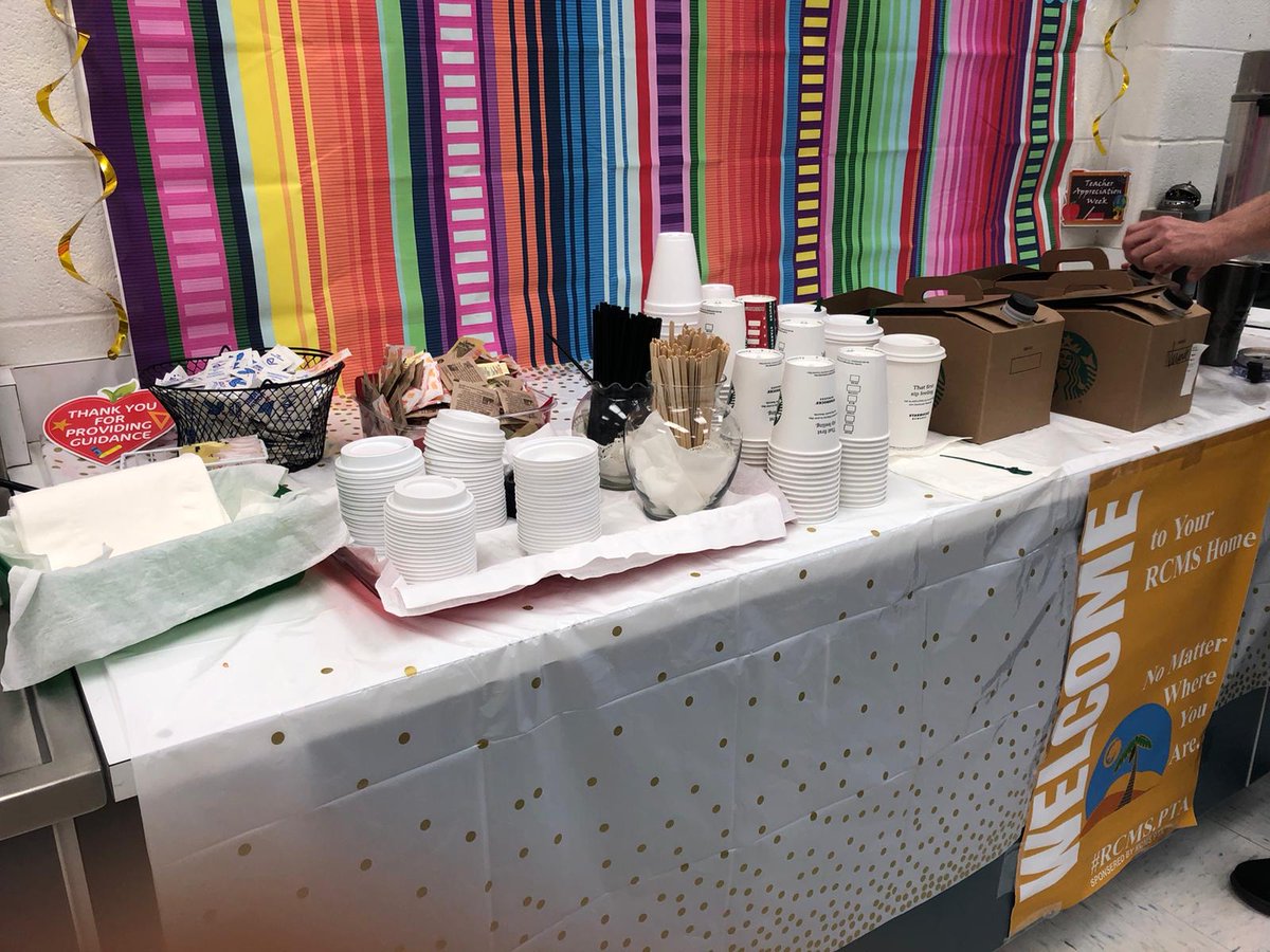 RCMS_PTA's tweet photo. Our VP of Hospitality- Manisha Chhoda &amp; Secretary- Keyur Shah along with other parents gave teachers a morning cup of joe (Starbucks) and muffins to kick-off their day. 

All staff members also enjoyed various sweet treats🍦 🍭 🍬 🍫 later on Day-4 of Teachers Appreciation Week. https://t.co/e6PK5MB9VE