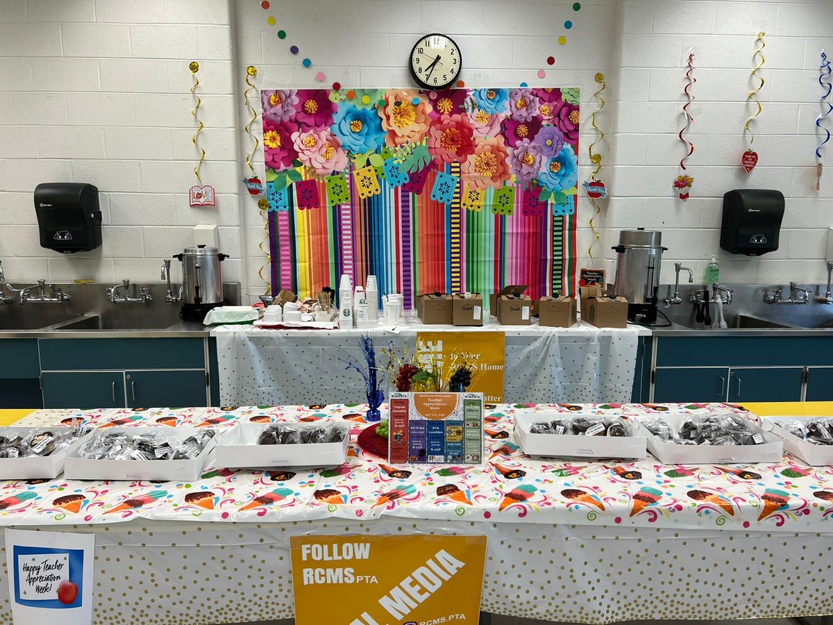 RCMS_PTA's tweet photo. Our VP of Hospitality- Manisha Chhoda &amp; Secretary- Keyur Shah along with other parents gave teachers a morning cup of joe (Starbucks) and muffins to kick-off their day. 

All staff members also enjoyed various sweet treats🍦 🍭 🍬 🍫 later on Day-4 of Teachers Appreciation Week. https://t.co/e6PK5MB9VE