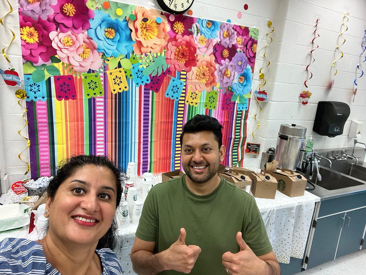 RCMS_PTA's tweet photo. Our VP of Hospitality- Manisha Chhoda &amp; Secretary- Keyur Shah along with other parents gave teachers a morning cup of joe (Starbucks) and muffins to kick-off their day. 

All staff members also enjoyed various sweet treats🍦 🍭 🍬 🍫 later on Day-4 of Teachers Appreciation Week. https://t.co/e6PK5MB9VE