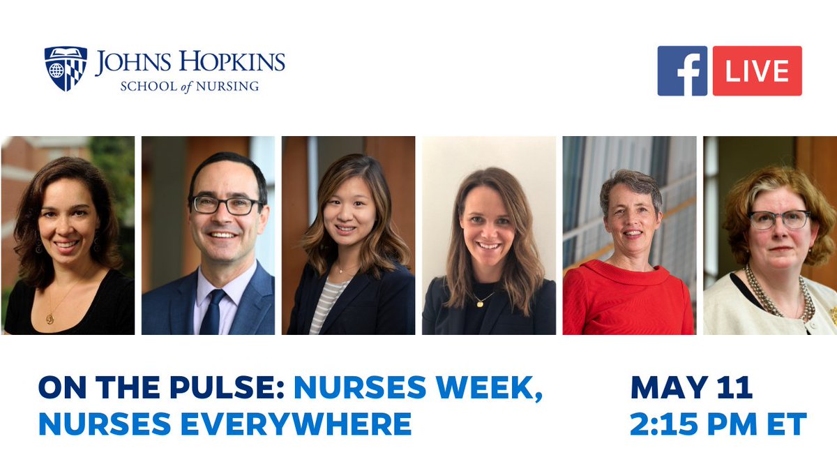 JHUNursing's tweet photo. Don't miss On The Pulse: #NursesWeek, Nurses Everywhere!

May 11
2:15 p.m. ET

We're talking about all the places you find nurses, with Dean @Sarah_Szanton, Dr. @CGLingPhDFNP, Dr. @cepollack, grads @MiriniKim, @christina_marea, and Katie Phillips. https://t.co/qVfL1jizoY https://t.co/kwcvtiMhJO