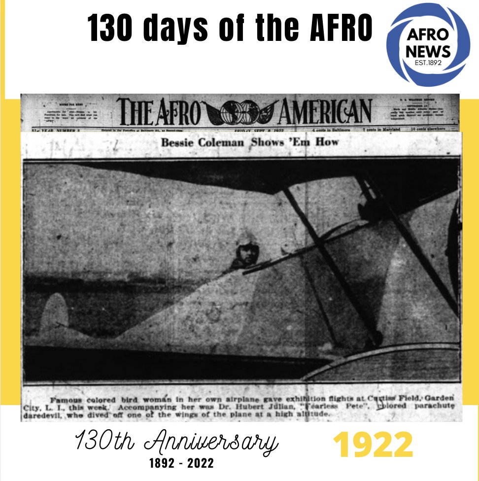 afronews's tweet photo. Bessie Coleman, in her own airplane, gave exhibition flights at Curtiss Field, Garden City, L.I. this week.  Accompanying her was Dr. Herbert Julian aka "Fearless Pete", colored parachute daredevil, who dived off one of the wings of the plane.

#130DaysofAFRO #afronews #1922 https://t.co/AFkOEuzbFr