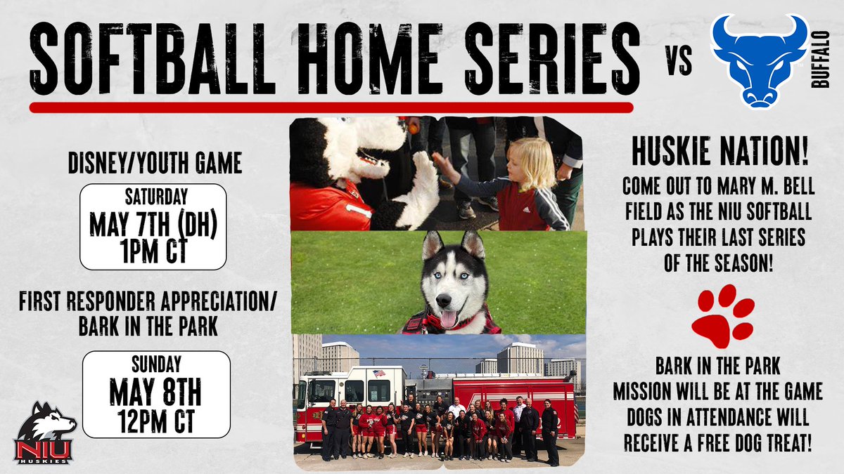 Come Out to NIU Softball this Weekend as they play their Last Series of Season against the Buffalo Bulls! 

-Saturday, May 7th at 1pm. (Double-Header)
Disney/Youth Game
-Sunday, May 8th at 12pm
First Responder Appreciation Game/ Bark in the Park 

-Free admission for all games-