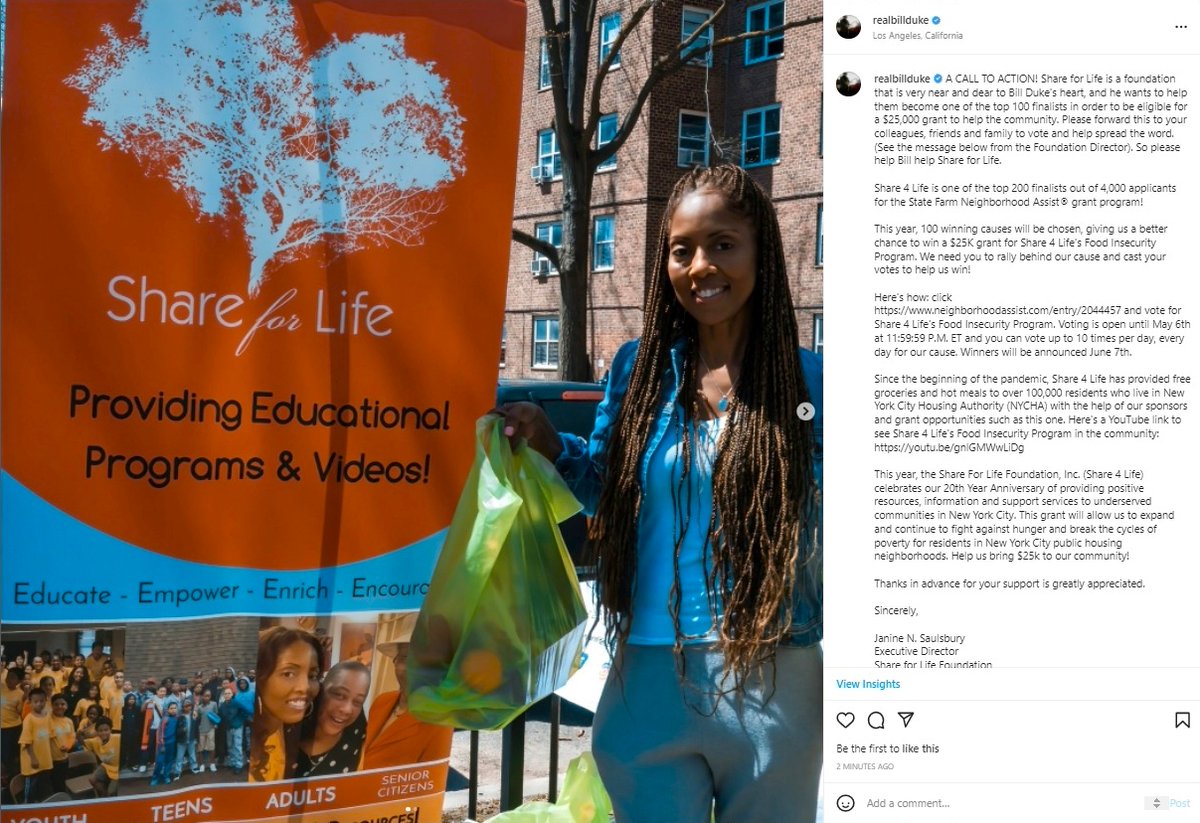 RealBillDuke's tweet photo. #ShareforLife is a foundation that is near &amp; dear to #RealBillDuke's heart. He wants to help them become one of the top 100 finalists in order to be eligible for a $25,000 grant to help the community. https://t.co/2ya3Kaxe34 and vote for Share 4 Life's Food Insecurity Program. https://t.co/DCW5O93ye5