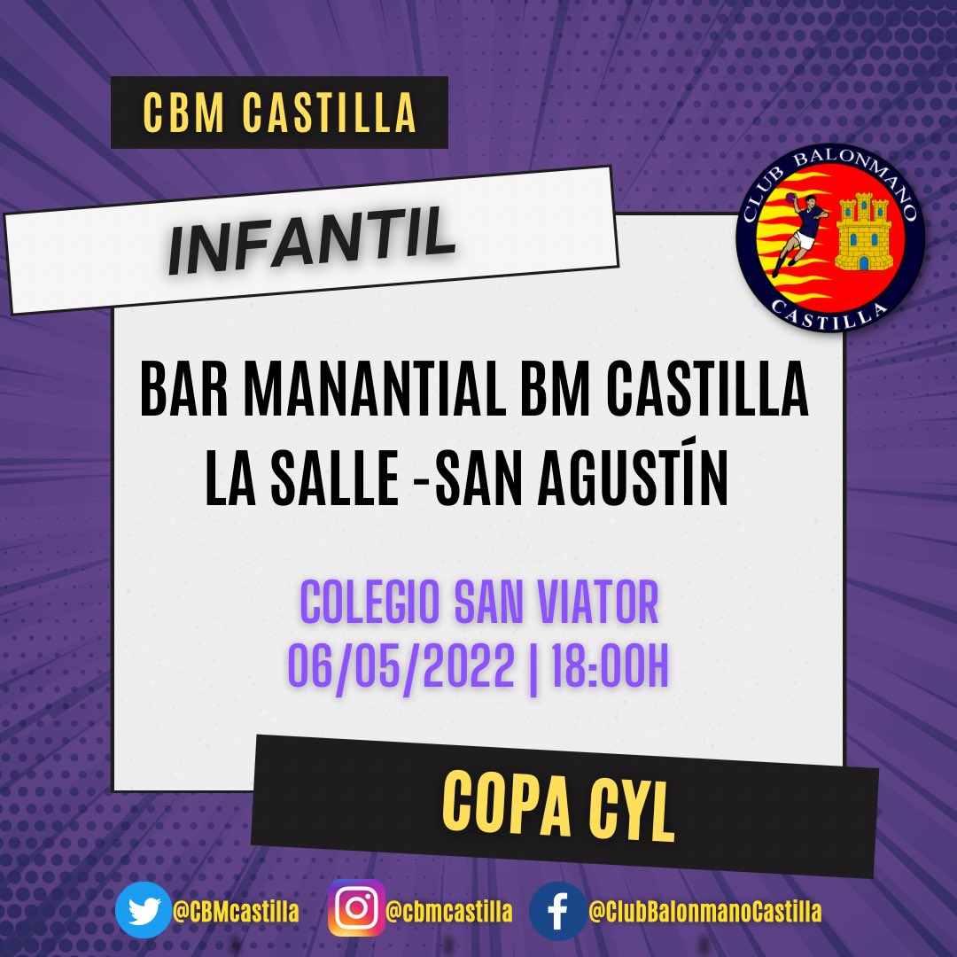 CBMCastilla's tweet photo. 🤾🏻‍♂️ FASE FINAL 🥅

😱 Ya está aquí nuestro momento favorito de la competición. La hora de demostrar y poner en valor todo el trabajo de la temporada.

🟨🟪 #somoscastilla 

#deportebase #balonmano #cantera #valladolid #castillayleon https://t.co/rwzBnEiUBD