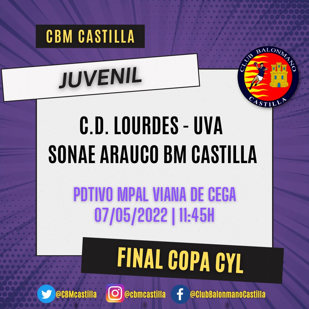 CBMCastilla's tweet photo. 🤾🏻‍♂️ FASE FINAL 🥅

😱 Ya está aquí nuestro momento favorito de la competición. La hora de demostrar y poner en valor todo el trabajo de la temporada.

🟨🟪 #somoscastilla 

#deportebase #balonmano #cantera #valladolid #castillayleon https://t.co/rwzBnEiUBD