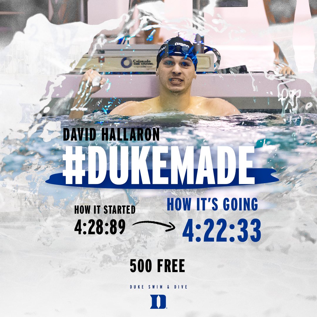 DukeSWIMDIVE's tweet photo. Since starting at Duke, senior David Hallaron has made HUGE strides and ranks first in the record books for the 500 free and is second all-time in the 200 back and 200 free. 

#DukeMade 😈 https://t.co/rxyw7Srjf1