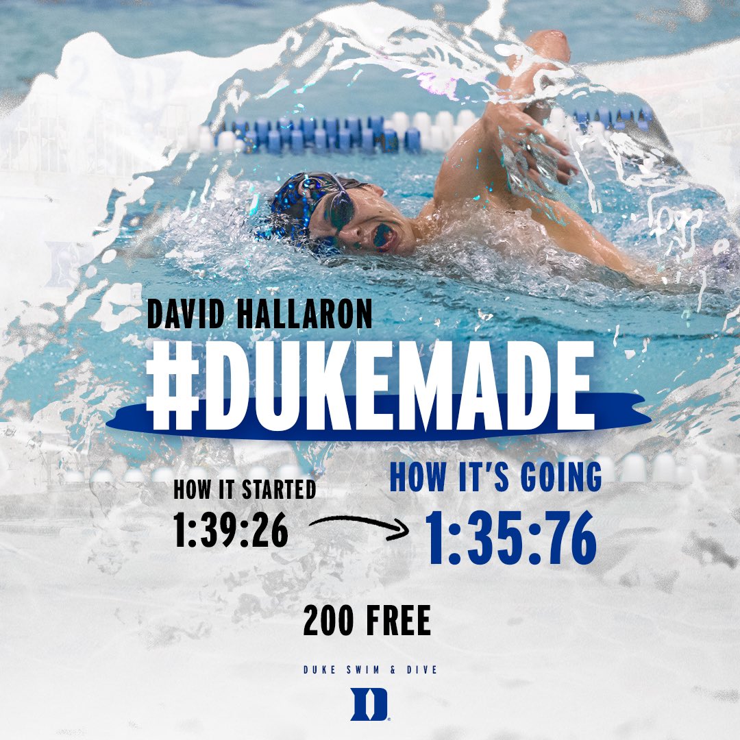 DukeSWIMDIVE's tweet photo. Since starting at Duke, senior David Hallaron has made HUGE strides and ranks first in the record books for the 500 free and is second all-time in the 200 back and 200 free. 

#DukeMade 😈 https://t.co/rxyw7Srjf1
