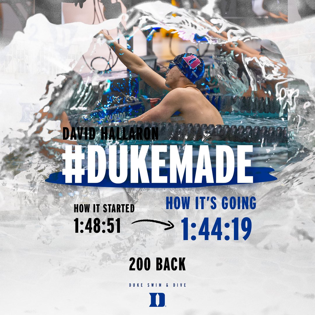 DukeSWIMDIVE's tweet photo. Since starting at Duke, senior David Hallaron has made HUGE strides and ranks first in the record books for the 500 free and is second all-time in the 200 back and 200 free. 

#DukeMade 😈 https://t.co/rxyw7Srjf1
