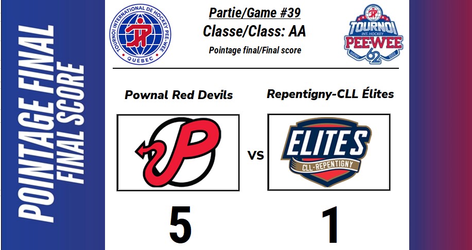Partie/Game: #39
Classe: AA
Pointage final/Final score
Pownal Red Devils (5) vs Repentigny-CLL Élites (1)  
--- Prochaine Partie/Next Game ---
Boston Junior Bruins vs Laval Sénateurs
#peeweequebec