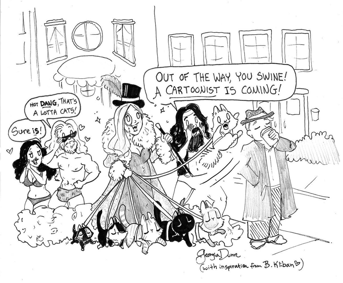 Happy National Cartoonists day to all cartoonists! And to the folks who love comics & support us! Just another glamorous day in the life of a cartoonist! 🎩💖🤣 Inspired by B. Kliban’s comic (which I’ll share in the next tweet…) #NationalCartoonistsDay @gocomics @NatCartoonSoc