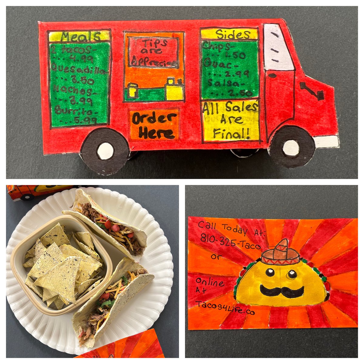 lkhannon32's tweet photo. I just love the Food Truck Designs/Business Cards that the 7th and 8th grade students at SCMS created. They also made realistic food sculptures out of just toilet paper, water and paint! #foodtruckdesign #toiletpaperfoodsculpture #scmsrocks @MrDomagalski @bradrobb https://t.co/ngqFHTBKhV