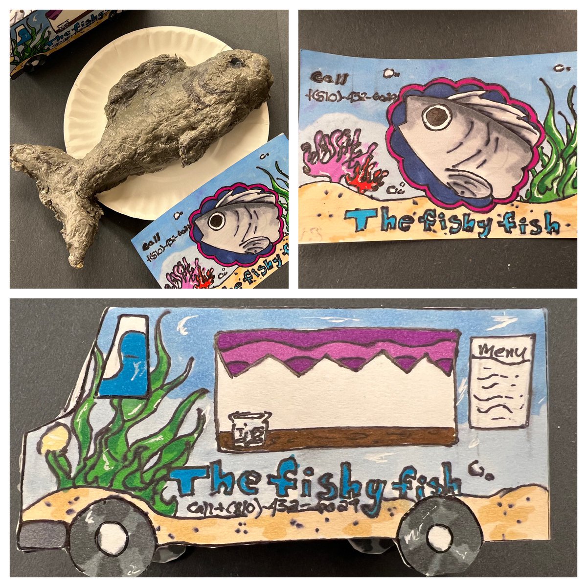 lkhannon32's tweet photo. I just love the Food Truck Designs/Business Cards that the 7th and 8th grade students at SCMS created. They also made realistic food sculptures out of just toilet paper, water and paint! #foodtruckdesign #toiletpaperfoodsculpture #scmsrocks @MrDomagalski @bradrobb https://t.co/ngqFHTBKhV