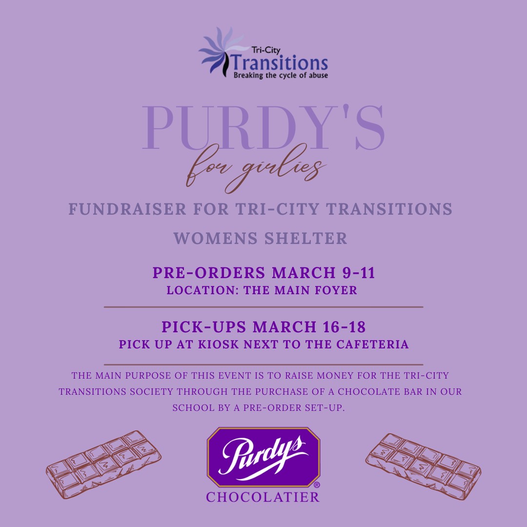 For ordering these Purdy's bars, you will be helping the Tri-city transition shelter aide families who experience abuse and intimate partner violence.

🍫 For $2 you will get one bar and for $5 you will get three bars!🍫