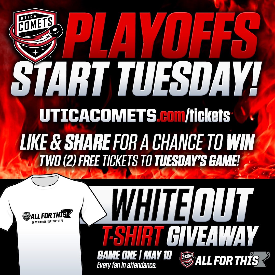 UticaComets's tweet photo. It’s ALMOST time!!

Like and RT this post for a chance to win two free tickets to Tuesday’s playoff game!!

🎟: https://t.co/tgf0xxWwBu https://t.co/Fm4uzioTLL