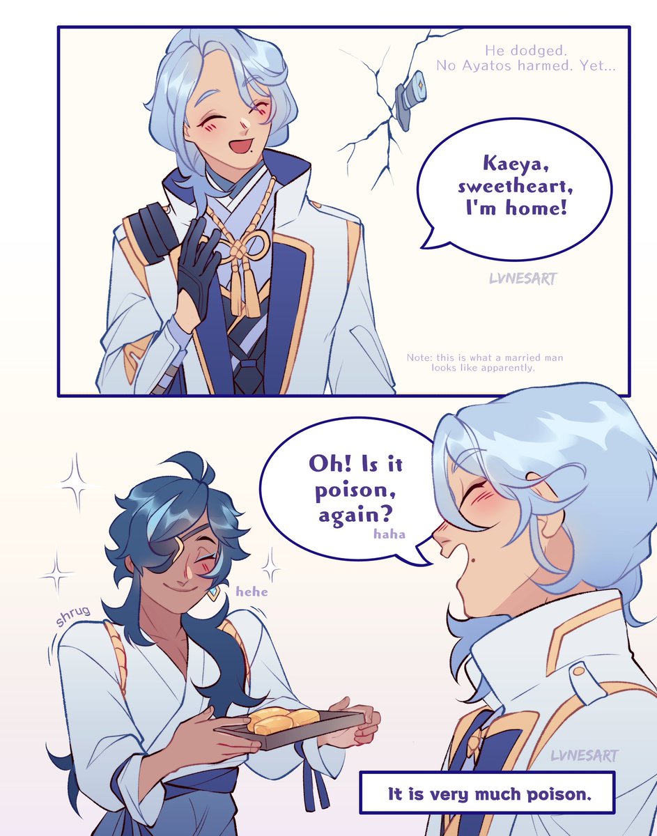 Ayato: its been 3 months since we've married. Do you think he likes me yet, Thoma?
Kaeya, a man who lost a bet:
#genshinimpact #kaeyato