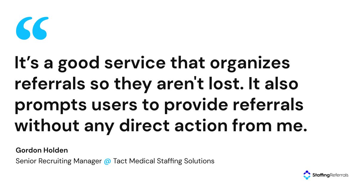 StaffReferrals's tweet image. “It’s a good service that organizes referrals so they aren&apos;t lost. It also prompts users to provide referrals without any direct action from me.” #StaffingReferrals #AutomatedReferralManagement hubs.la/Q019r5X00